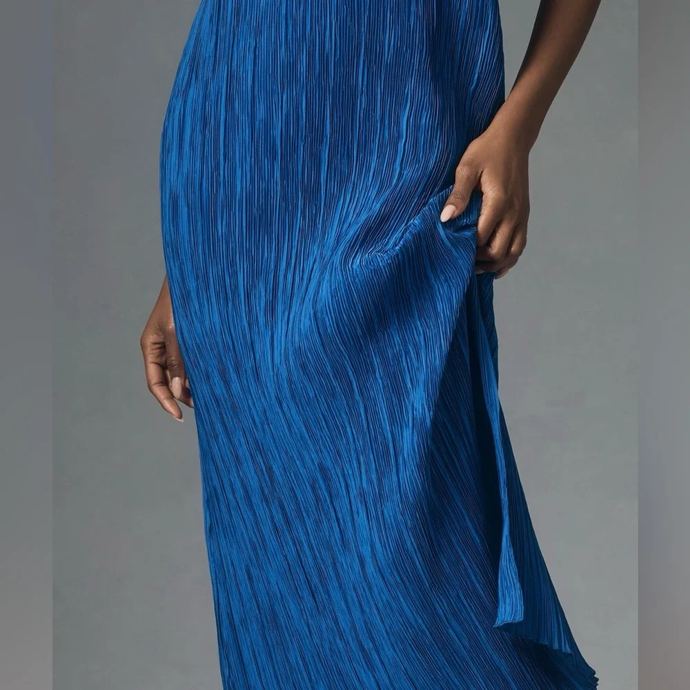 NWT Anthropologie Royal Blue Plisse Pleated Halter Maxi Dress Small S - Picture 3 of 3